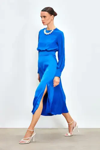 Cropped Blouse with Necklace Detail - SAX BLUE - 7