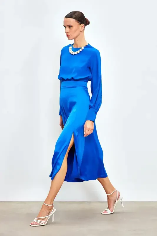 Cropped Blouse with Necklace Detail - SAX BLUE - 7