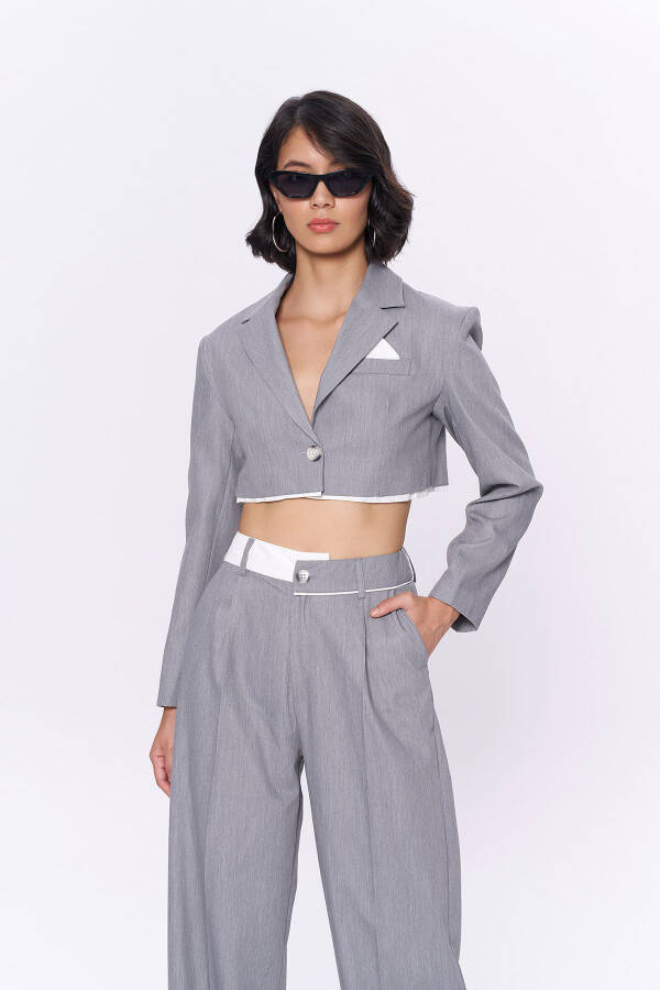 Cropped Jacket with Back Print and Fabric Trim Grey - 6