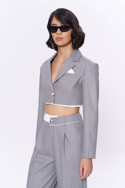 Cropped Jacket with Back Print and Fabric Trim Grey - 9