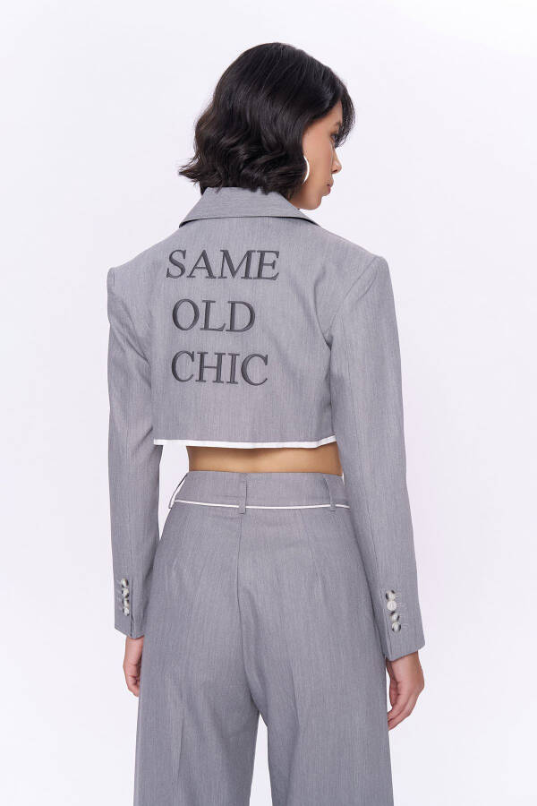 Cropped Jacket with Back Print and Fabric Trim Grey - 5