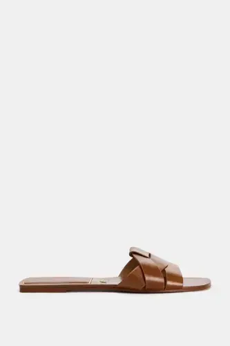 CROSS FLAT LEATHER SANDALS-Brown - 3