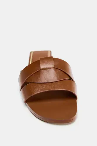 CROSS FLAT LEATHER SANDALS-Brown - 4