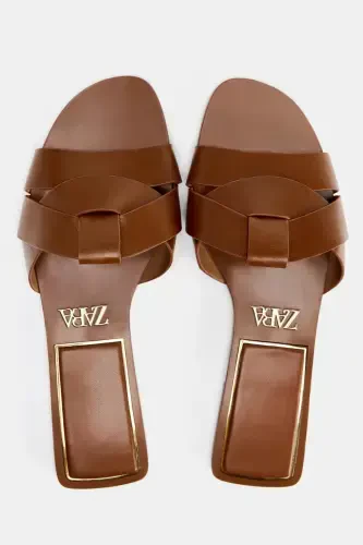 CROSS FLAT LEATHER SANDALS-Brown - 6
