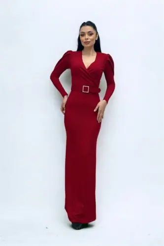 Cross Neck Waist Detail Dress - RED - BÜYÜKBEDENIZ (1)