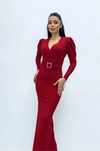 Cross Neck Waist Detail Dress - RED - 3