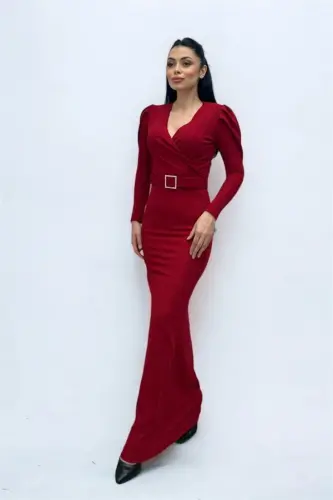 Cross Neck Waist Detail Dress - RED - 4