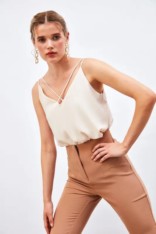 Cross Strap Tank Top - Beige-BEIGE - 3