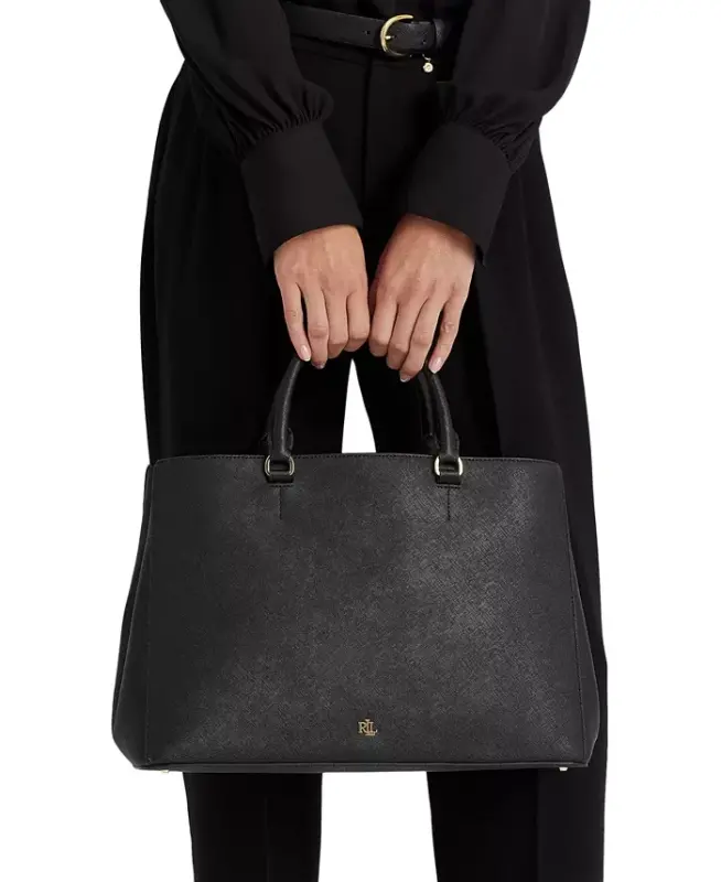 Hanna Large Crosshatch Leather Satchel Bag - Black - 3