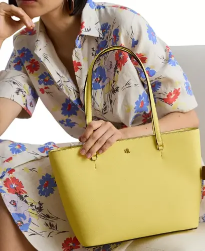 Crosshatch Leather Medium Karly Shopper Tote - Lemon Sorbet - LAUREN RALPH LAUREN (1)
