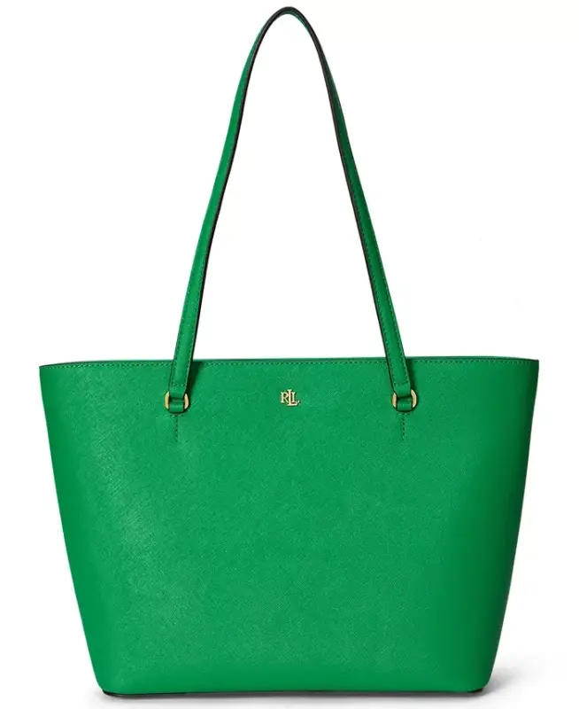 Crosshatch Leather Medium Karly Shopper Tote - Green Topaz - LAUREN RALPH LAUREN