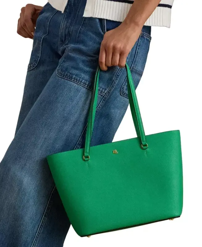 Crosshatch Leather Medium Karly Shopper Tote - Green Topaz - 2