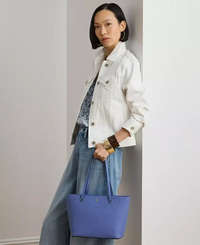 Crosshatch Leather Medium Karly Shopper Tote Handbag - Blue - 5