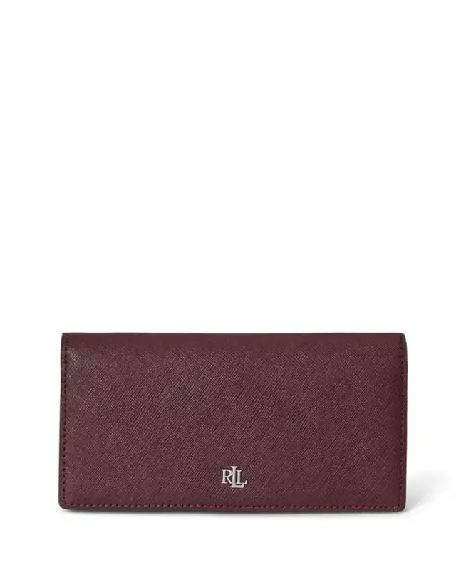 Crosshatch Leather Slim Snap Closure Wallet - Dark Garnet - LAUREN RALPH LAUREN