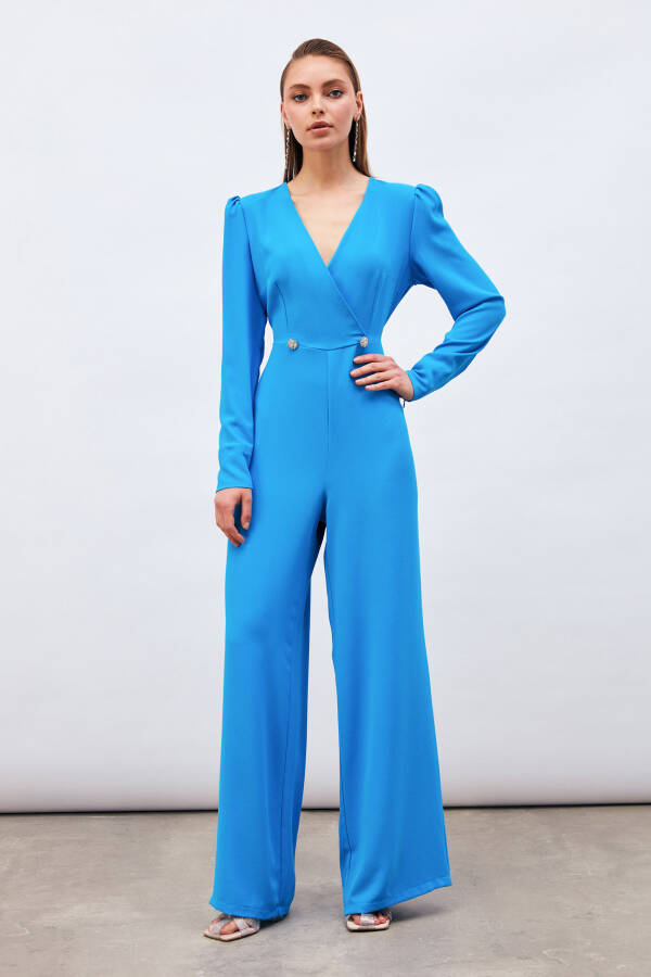 Crossover Embellished Crepe Jumpsuit - Blue - 1