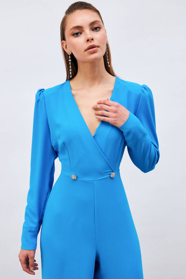 Crossover Embellished Crepe Jumpsuit - Blue - 2