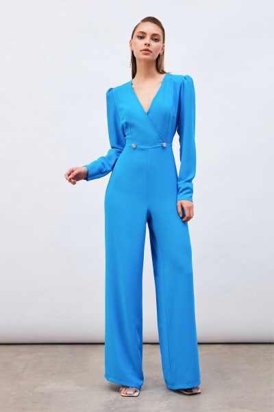 Crossover Embellished Crepe Jumpsuit - Blue - 3