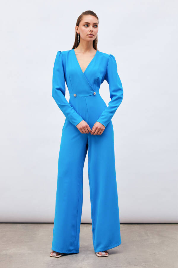 Crossover Embellished Crepe Jumpsuit - Blue - 4