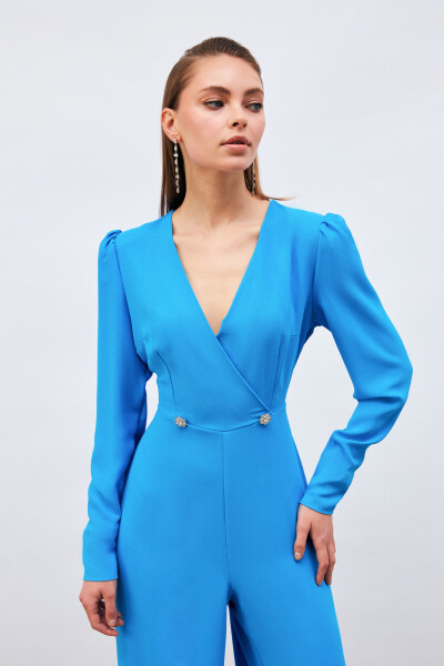 Crossover Embellished Crepe Jumpsuit - Blue - 5