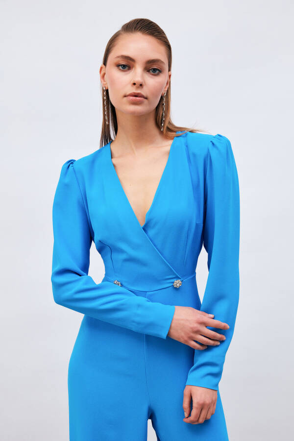 Crossover Embellished Crepe Jumpsuit - Blue - 6