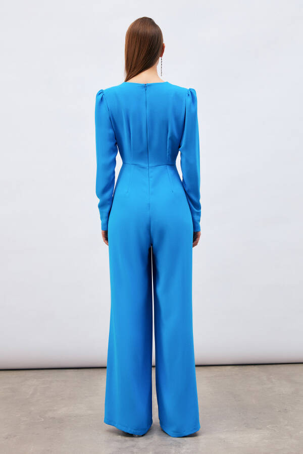 Crossover Embellished Crepe Jumpsuit - Blue - 8