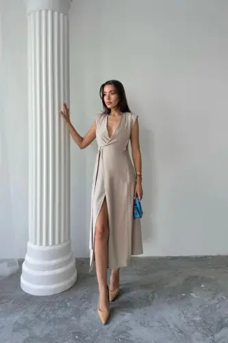 CROSSOVER SHOULDER PADDED SLEEVELESS DRESS MODAL FABRIC - Beige - 1