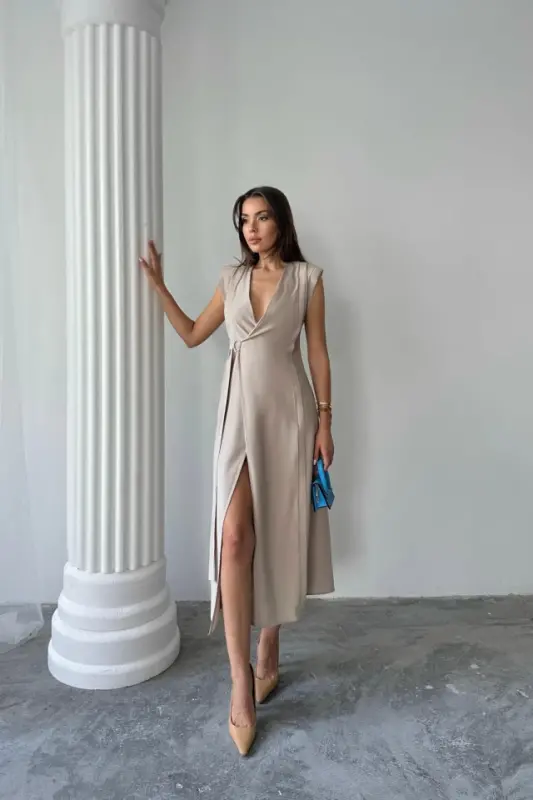 CROSSOVER SHOULDER PADDED SLEEVELESS DRESS MODAL FABRIC - Beige - BÜYÜKBEDENIZ