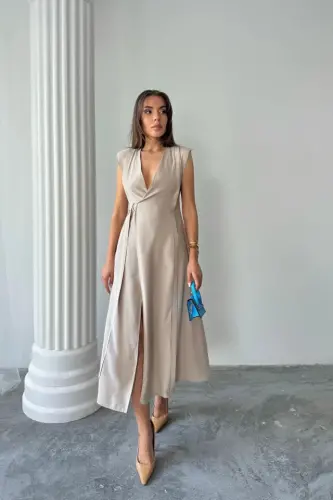 CROSSOVER SHOULDER PADDED SLEEVELESS DRESS MODAL FABRIC - Beige - BÜYÜKBEDENIZ (1)