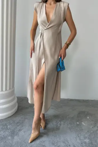 CROSSOVER SHOULDER PADDED SLEEVELESS DRESS MODAL FABRIC - Beige - 3