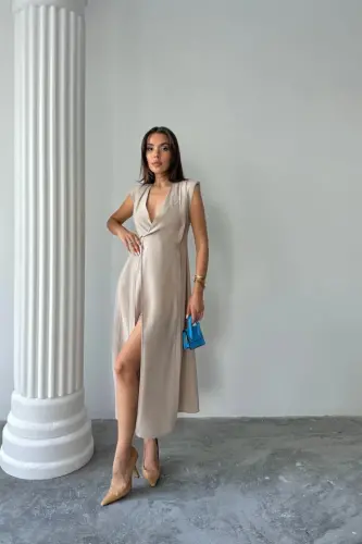 CROSSOVER SHOULDER PADDED SLEEVELESS DRESS MODAL FABRIC - Beige - 4