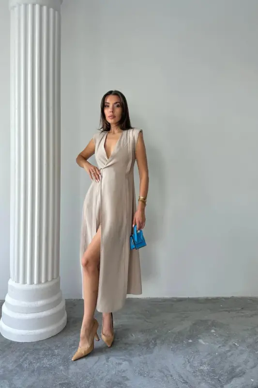 CROSSOVER SHOULDER PADDED SLEEVELESS DRESS MODAL FABRIC - Beige - 4