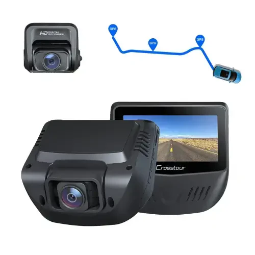Crosstour Dash Cam, Front and Rear 3” Dual Car Camera 1080P, External GPS Supported, 32GB Max, Black - 1
