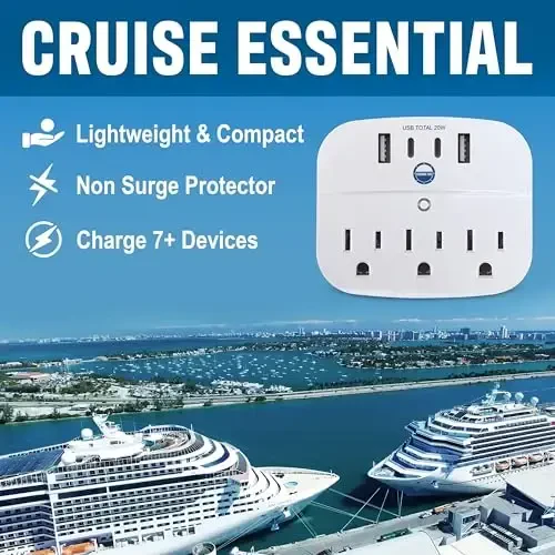 Cruise Approved Power Strip Foldable, Non Surge Protector Travel Power Strip, 2 USB-C, 2 USB, 3 AC Outlet Plugs - Cruise Essentials for Carnival, Celebrity, Princess & Major Lines in 2025 & 2026 - 2
