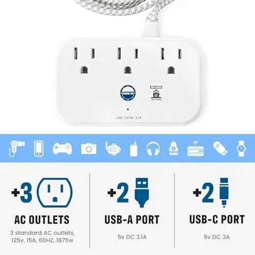 Cruise Approved Power Strip Himoya qiluvchi bo'lmagan 3,3 ft Sayohat uzatma kabeli va USB portlari bilan [2 USB, 2 USB-C, 3 AC] Carnival, Princess & Major Cruise Lines uchun kruiz kemasi uchun zarur narsalar 2025 & 2026 - 2