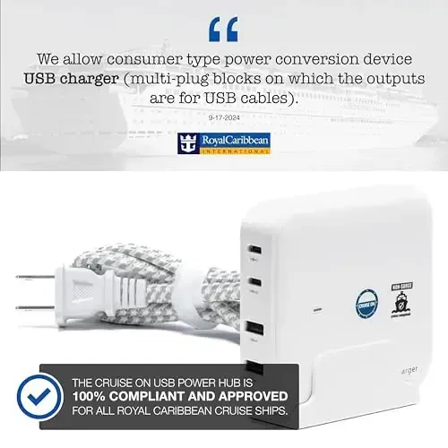 Cruise Approved Power Strip (incl Royal Caribbean, Disney, MSC, Celebrity) - Non Surge USB Charger [2 USB, 2 USB-C] 4 Port Charging, 3.8ft Cord for iPhone, iPad, Laptops, More - Cruise Ship Essentials - 3