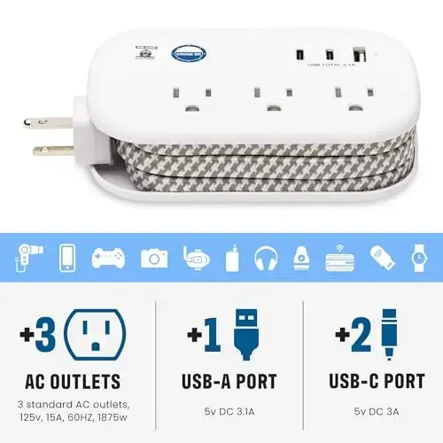 Cruise Approved Power Strip Non Surge Protector - 3.3 ft Wrapped Travel Extension Cord, 2 USB-C, 1 USB, 3 AC Outlet, Cruise Ship Essentials for Carnival, Princess & Major Lines 2025 & 2026 - 3