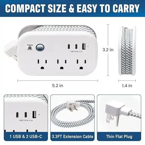 Cruise Approved Power Strip Non Surge Protector - 3.3 ft Wrapped Travel Extension Cord, 2 USB-C, 1 USB, 3 AC Outlet, Cruise Ship Essentials for Carnival, Princess & Major Lines 2025 & 2026 - 4