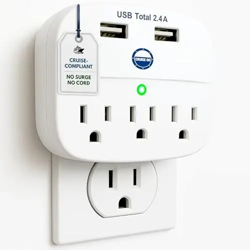 Cruise Approved Power Strip - Non Surge Protector for Cruise Ship with 2 USB Outlets - Cruise Ship Essentials for Carnival, Princess, Norwegian, Holland America, MSC & Major Cruise Lines (White) - 6