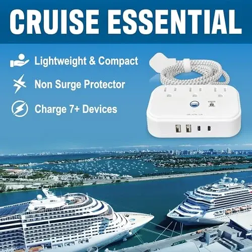 Cruise Approved Power Strip Non Surge Protector with 3.3 ft Travel Extension Cord and USB Ports [2 USB, 2 USB-C, 3 AC] Cruise Ship Essentials for Carnival, Princess, & Major Cruise Lines 2025 & 2026 - CRUISE ON