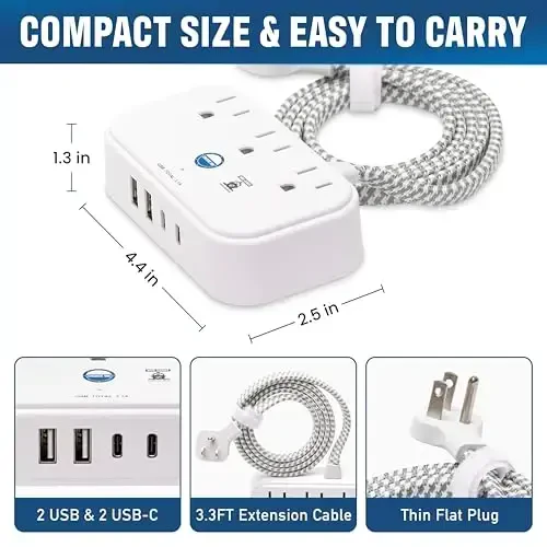 Cruise Approved Power Strip Non Surge Protector with 3.3 ft Travel Extension Cord and USB Ports [2 USB, 2 USB-C, 3 AC] Cruise Ship Essentials for Carnival, Princess, & Major Cruise Lines 2025 & 2026 - 3