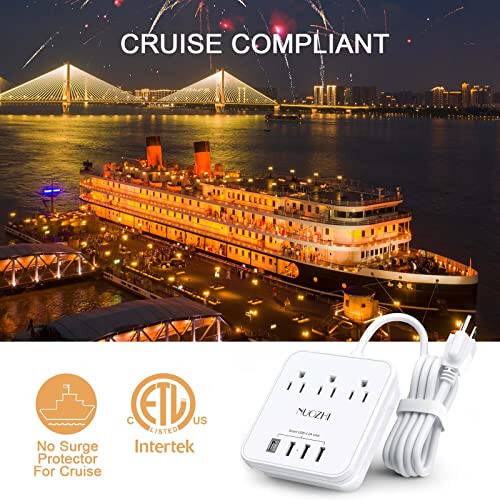 Cruise Essentials, 6 Ft Power Strip with 3 Outlets and 4 USB Ports(1 USB C), Non Surge Protector for Cruise Ship, Travel, Home Office, ETL Listed, White - 6