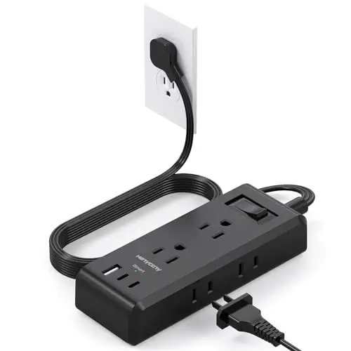 Cruise Essentials, Flat Plug Power Strip, HANYCONY 5ft Ultra Flat Extension Cord - 6 Outlets 3 USB Ports (2 USB C) Desktop Charging Station, No Surge Protection for Travel, Dorm Room Essentials, Black 