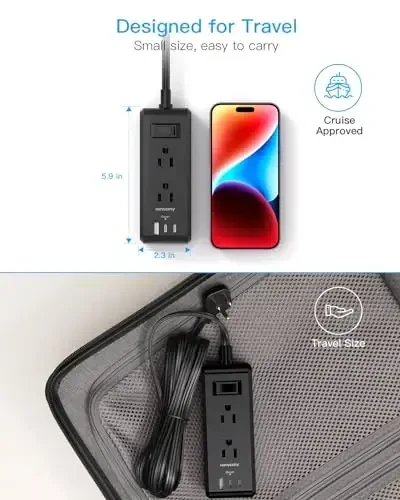 Cruise Essentials, Flat Plug Power Strip, HANYCONY 5ft Ultra Flat Extension Cord - 6 Outlets 3 USB Ports (2 USB C) Desktop Charging Station, No Surge Protection for Travel, Dorm Room Essentials, Black - 6