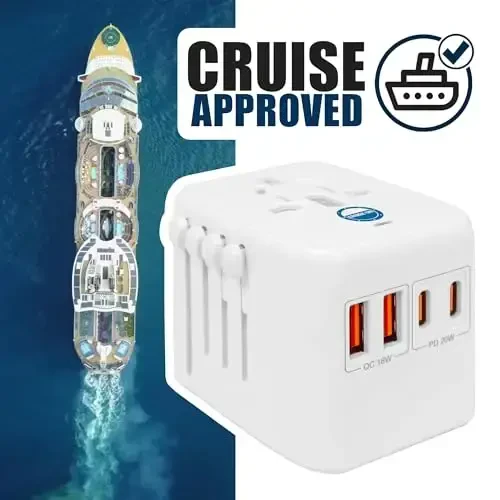 Cruise On Universal Travel Adapter, Cruise Approved (Incl. Royal Caribbean, Disney) - International Power Adapter [2 USB-C, 2 USB, AC] World Travel Plug Adapter Converter - USA, Italy, Europe, Asia - 3