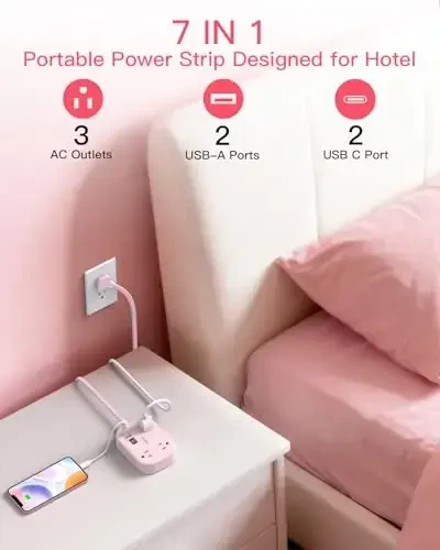 Cruise Ship Essentials, Travel Power Strip with USB C, Flat Plug Extension Cord 10 FT with 3 Outlets 4 USB Ports(2 USB C), Desk Wall Outlet Extender, Non Surge Protector for Cruise, Dorm Room, ETL, Pink - 2