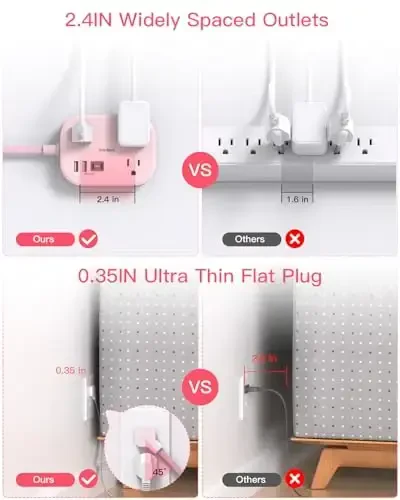 Cruise Ship Essentials, Travel Power Strip with USB C, Flat Plug Extension Cord 10 FT with 3 Outlets 4 USB Ports(2 USB C), Desk Wall Outlet Extender, Non Surge Protector for Cruise, Dorm Room, ETL, Pink - 4