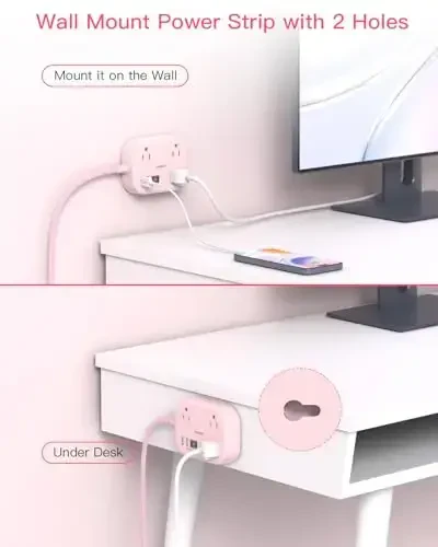 Cruise Ship Essentials, Travel Power Strip with USB C, Flat Plug Extension Cord 10 FT with 3 Outlets 4 USB Ports(2 USB C), Desk Wall Outlet Extender, Non Surge Protector for Cruise, Dorm Room, ETL, Pink - 6