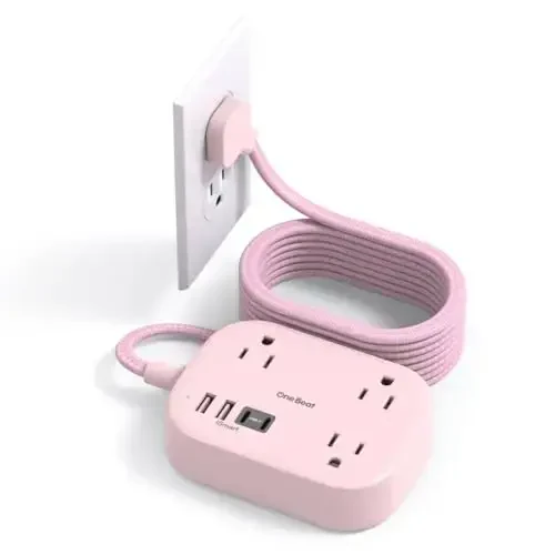 Cruise Ship Essentials,Travel Power Strip with USB C,Flat Plug Extension Cord 10 FT with 3 Outlets 4 USB Ports(2 USB C),Desk Wall Outlet Extender,Non Surge Protector for Cruise,Dorm Room,ETL,Pink - 1