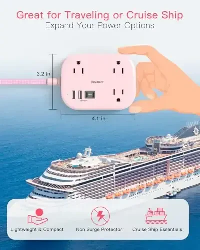 Cruise Ship Essentials,Travel Power Strip with USB C,Flat Plug Extension Cord 10 FT with 3 Outlets 4 USB Ports(2 USB C),Desk Wall Outlet Extender,Non Surge Protector for Cruise,Dorm Room,ETL,Pink - 3