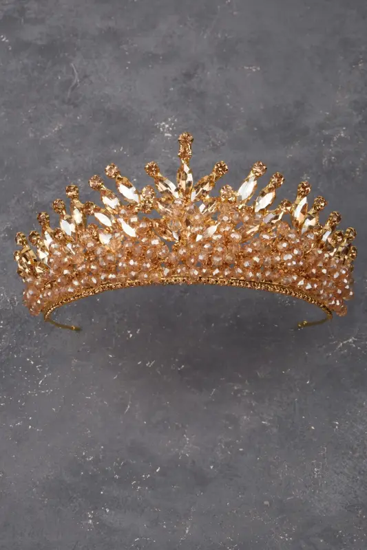 Crystal Beaded Bridal Henna Wedding Crown Gold-Gold - 2